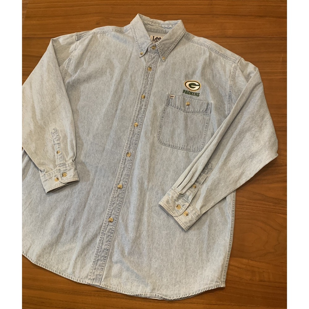 Vintage Green Bay Packers Lee Denim Shirt Mens XL/2XL Baggy 90s Embroider Nutmeg